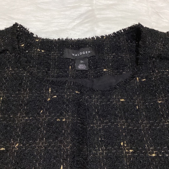 Halogen Women’s Black with Gold Thread Plaid Open Tweed Blazer with Fringes - Picture 2 of 5